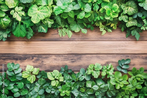 Lush Green Leaves Arranged on Wooden Surface Create a Natural and Refreshing ...