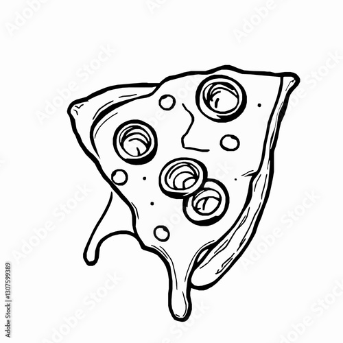 black outline vector of a pizza slice with melting cheese and crispy crust