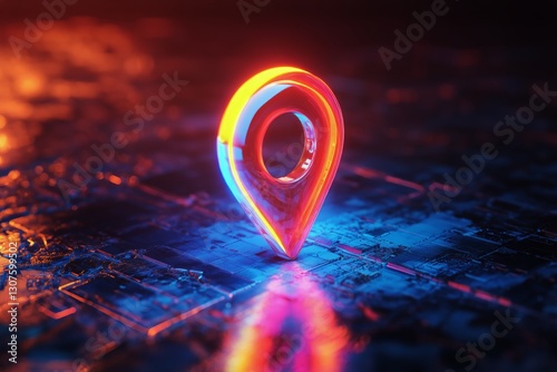 Decorative Location Pin Illuminated in Warm Colors on a Wet Surface at Dusk