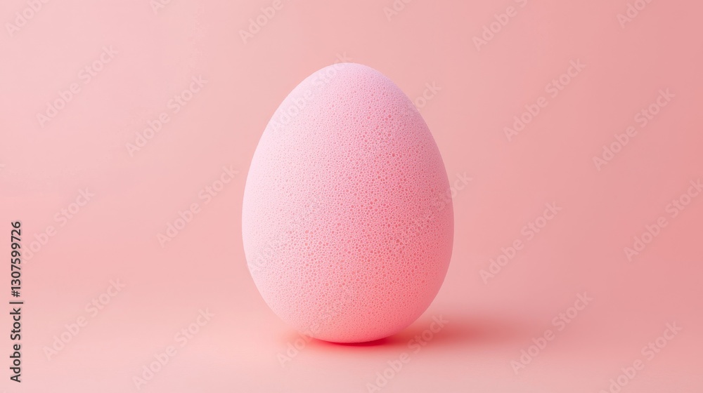 Fototapeta premium A smooth, pink egg stands upright against a soft pink background, creating a minimalistic and pastel aesthetic.