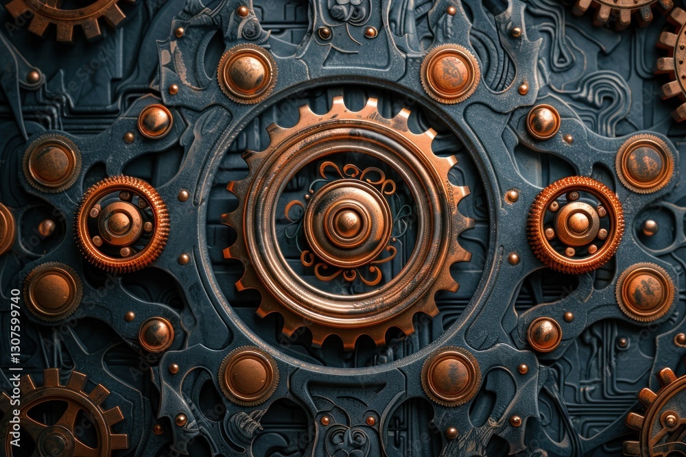 An elegant set of copper and bronze gears showcases intricate filigree, illuminated in a soft glow An elegant set of copper and bronze gears showcases intricate filigree, illuminated in a soft glow