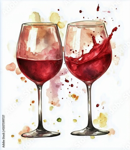 Red Wine Splashing in Glasses Against a Colorful Watercolor Background During...