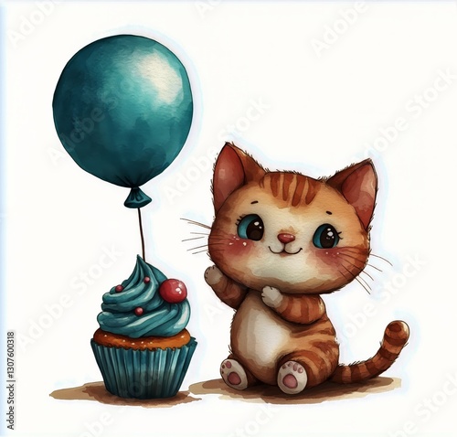 Cute Kitten With Cupcake and Balloon Celebrating a Festive Occasion