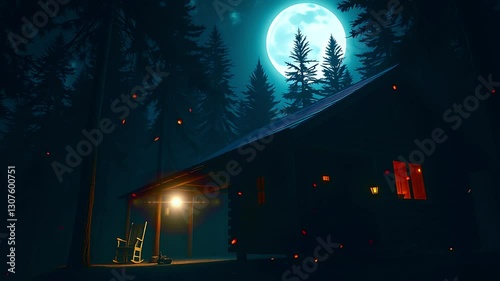 Wallpaper Mural Illuminated log cabin nestled in a dark forest under a bright full moon at night.Seamless looping time lapse animation video background, lo-fi art. Torontodigital.ca