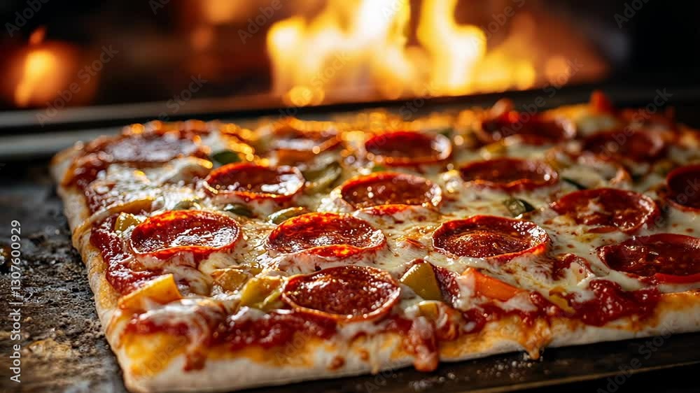 Detroit style pizza with pepperoni in front of fire oven