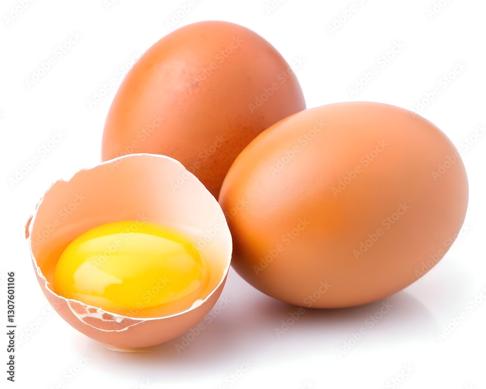 Brown Eggs with Cracked Shell and Yolk on White Background Brown Eggs with Cracked Shell and Yolk on White Background