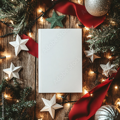 Blank Christmas Book or Card Mockup on Rustic Wooden Background
