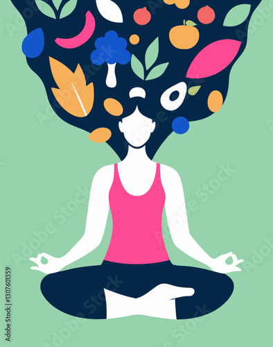 Young woman meditating in a lotus pose surrounded by leaves