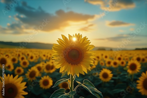 Sunflower Field Blossoms Under a Vivid Sunset Sky in Late Summer