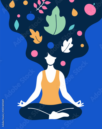 Young woman meditating in a lotus pose surrounded by leaves
