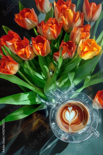 Coffee Cup With Heart Design Alongside Vibrant Tulips in a Bright Setting