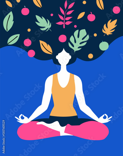 Young woman meditating in a lotus pose surrounded by leaves