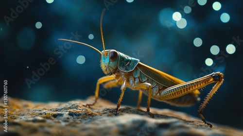 Close-up of a colorful grasshopper on a rock at night with bokeh lights
