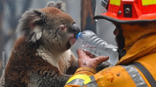 Koala quenches thirst from firefighter's water bottle during rescue operation in wildfire area