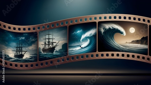 Film reel. Canister of film stock spool. 3D digital art. Theatrical movie theater cinema clips. Negatives