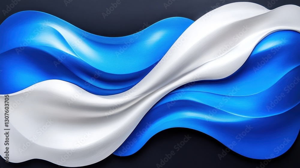 Naklejka premium Swirls of white and electric blue blending into a mirrored silver finish, giving the impression of water in motion with striking textures.