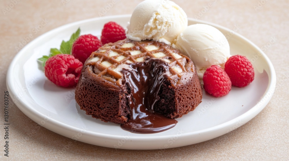 Decadent chocolate lava cake served with ice cream and fresh raspberries at a gourmet restaurant Decadent chocolate lava cake served with ice cream and fresh raspberries at a gourmet restaurant