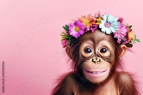 Isolated pink background, copy space, promotion idea. Cute baby animal orangutan wearing primal flower crown on its head - symbol of sunny warm season. Animal with flower crown for marketing. photo