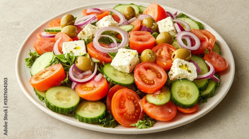 Fresh salad featuring tomatoes, cucumbers, olives, and feta cheese served on a white plate Fresh salad featuring tomatoes, cucumbers, olives, and feta cheese served on a white plate