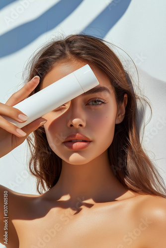 Skincare cosmetic beauty mock up, beautiful woman with hydrated skin face holding sun screen product