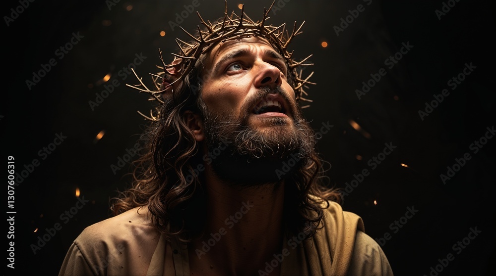 Emotional Portrait of a Religious Figure with Crown of Thorns and Dramatic Lighting Emotional Portrait of a Religious Figure with Crown of Thorns and Dramatic Lighting