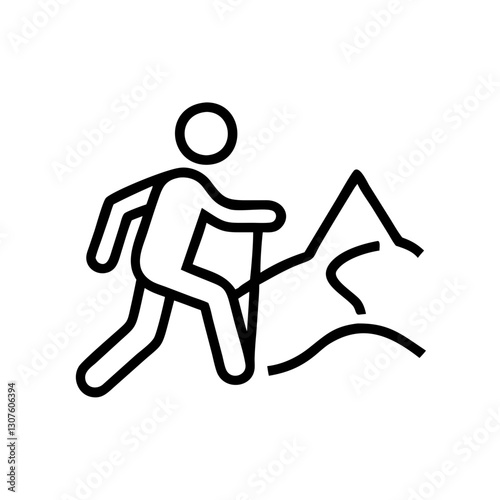 Hiking trail icon with person hiking on mountainous terrain