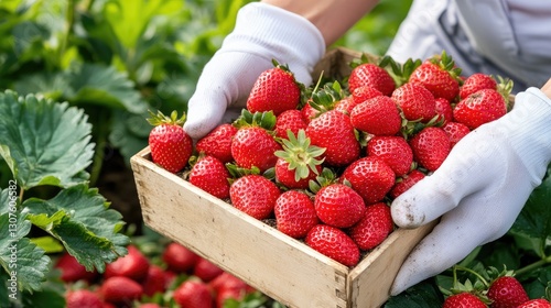 Gardener is hand-picking young strawberry plants from soil, placing them in a wooden box. Bright green leaves show healthy growth