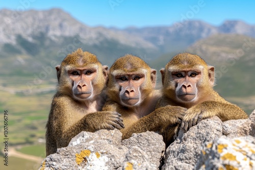 A troop of baboons sitting on rocky terrain, grooming each other under the hot sun