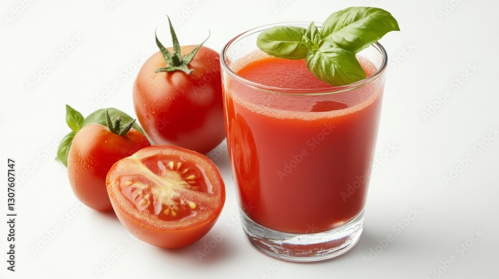 Fresh tomato juice with ripe tomatoes and basil leaves on white background Fresh tomato juice with ripe tomatoes and basil leaves on white background