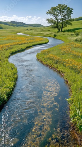 Scenic River Winding Through Lush Green Fields Under a Bright Blue Sky With F...