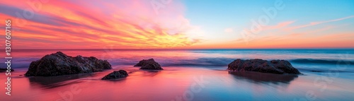 A stunning coastal sunset paints the sky with vibrant colors, reflecting on calm waters and highlighting rugged rocks.