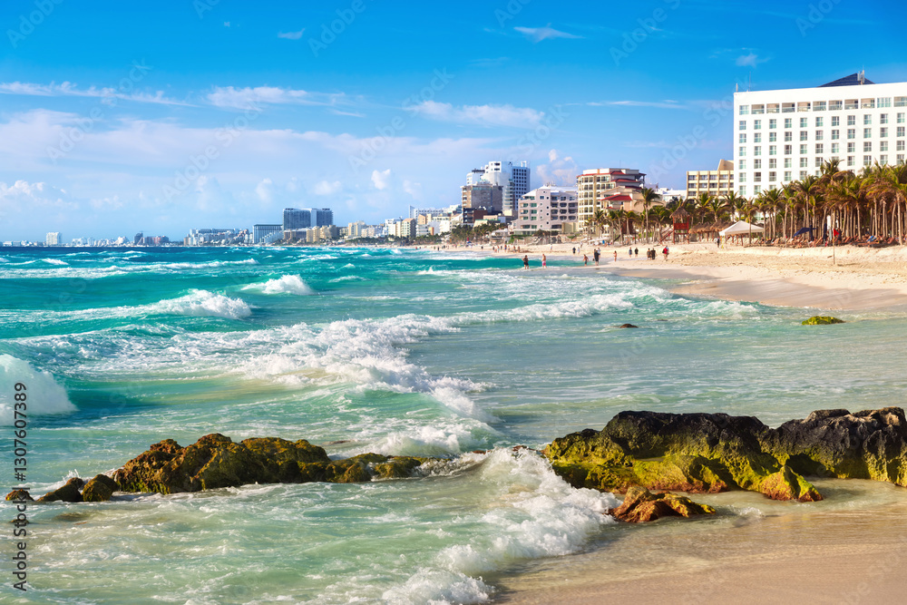 White sand beach on Caribbean sea in Cancun city downtown, Mexico