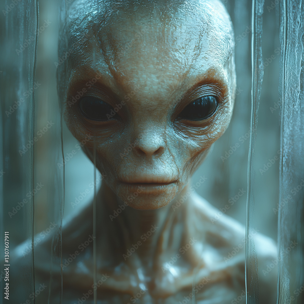 Fototapeta premium Close-up of an alien figure standing behind a fogged glass window, black shiny eyes looking through the condensation. Photorealism, sci-fi style, 8K resolution, cinematic horror lighting.