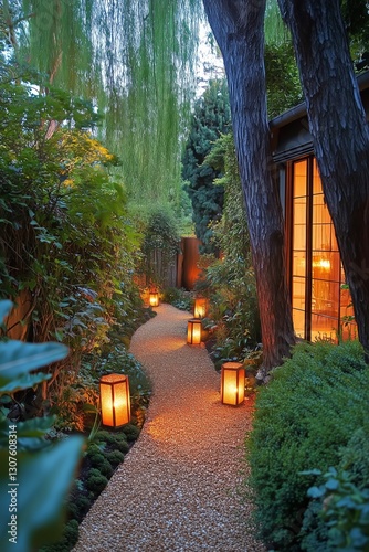 Garden Path Illuminated by Lanterns at Dusk Near a Cozy Home
