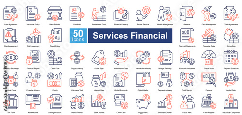 Services Financial icon set in dual tone style, featuring 50 icons of banking, investment, insurance, and financial planning. Perfect for fintech, business reports, and economic analysis.