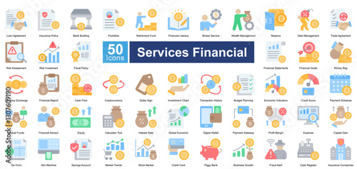 Services Financial icon set in flat style, featuring 50 icons of banking, investment, insurance, and financial planning. Perfect for fintech, business reports, and economic analysis.