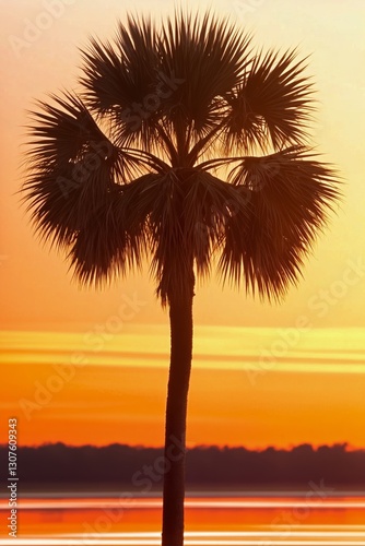 Spectacular Sunset With Palm Tree Silhouette Against Vibrant Clouds in a Sere...
