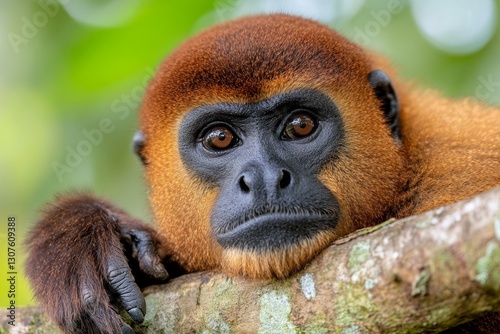 A woolly monkey resting on a tree branch in the Amazon rainforest