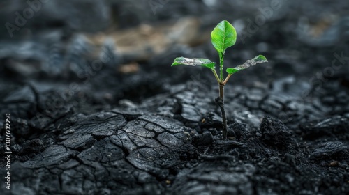 Green plant emerges from ashes, symbolizing resilience and new beginnings in a barren landscape