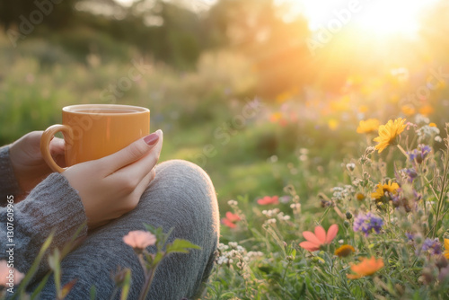 A peaceful afternoon with herbal tea in a serene meadow