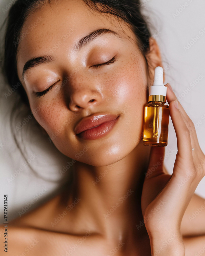 Fototapeta premium Beautiful woman with closed eyes and fresh hydrated glowing skin face holding moisturizing serum dropper. Skincare cosmetic beauty mock up.