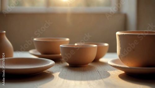 Wallpaper Mural Serene Wood Table with Sunlit Ceramic Bowls Torontodigital.ca