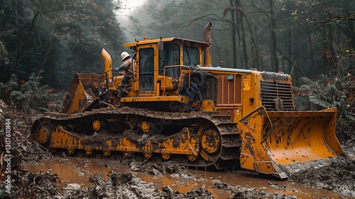 A sturdy yellow bulldozer maneuvering through a muddy forest trail with dense foliage and a worker inside under a foggy natural backdrop
