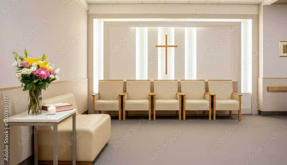 Fototapeta premium Modern, serene church waiting area with cross and flowers