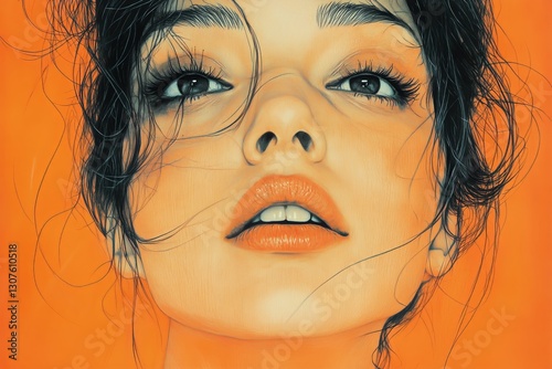 Artistic Portrait of a Woman With Vibrant Orange Background and Expressive Fe...