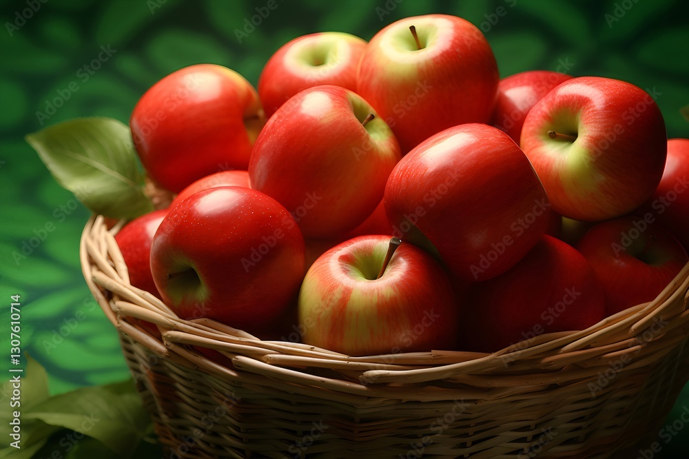 Red apples wicker basket green background harvest Red apples wicker basket green background harvest