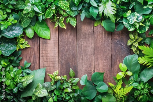 Lush Green Leaves Arranged on Wooden Surface Create a Natural and Refreshing ...