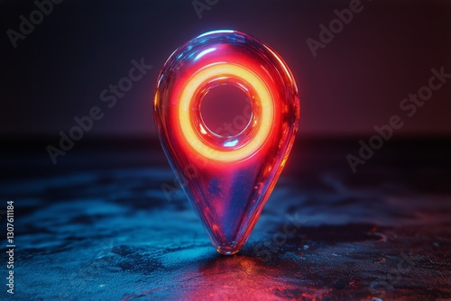 Decorative Location Pin Illuminated in Warm Colors on a Wet Surface at Dusk
