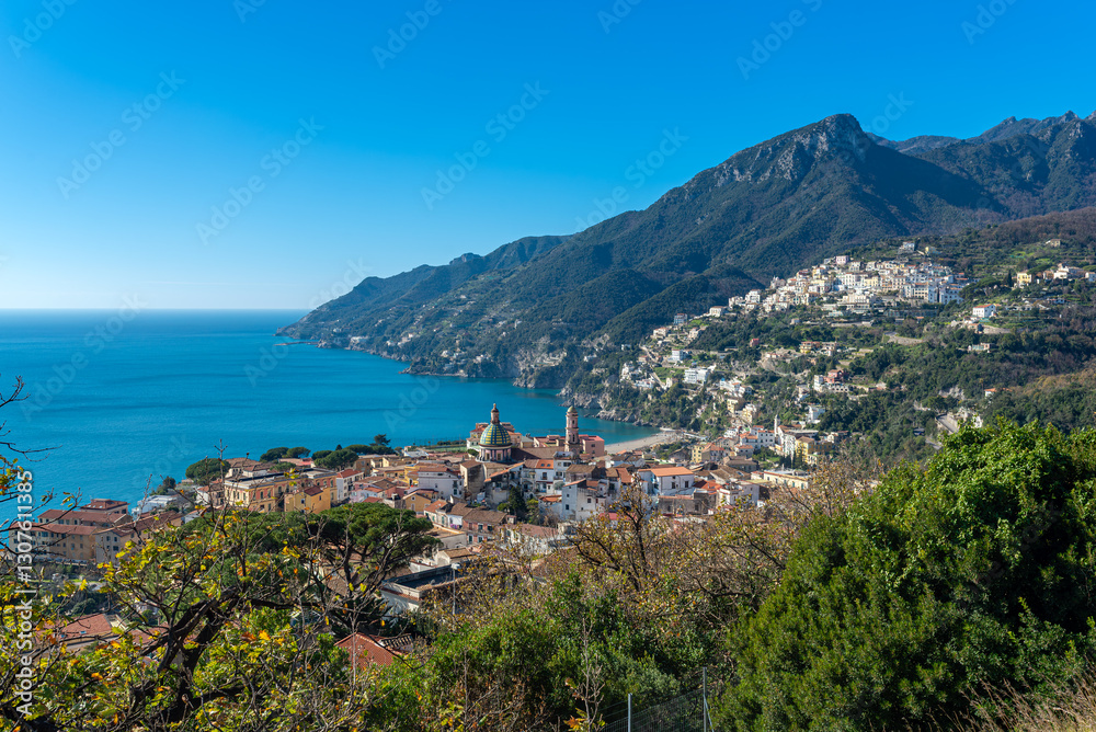 Obraz premium The mountain community of Vietri sul Mare on the Amalfi Coast in southern Italy. The picturesque landscapes of the Amalfi Coast have made it one of the most popular destinations of the world's jet set