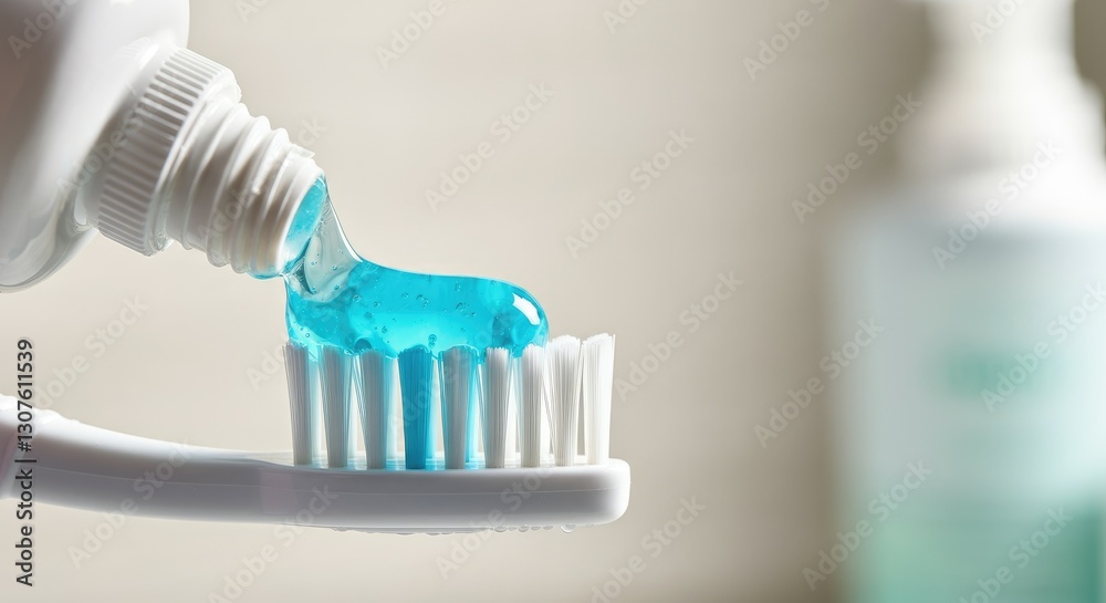 Blue toothpaste being applied on white toothbrush Blue toothpaste being applied on white toothbrush